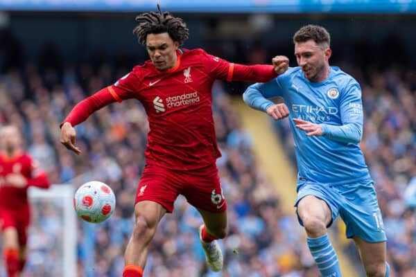 MANCHESTER, ENGLAND - Sunday, April 10, 2022: Liverpool's Trent Alexander-Arnold (L) and Manchester City's Aymeric Laporte during the FA Premier League match between Manchester City FC and Liverpool FC at the City of Manchester Stadium. (Pic by David Rawcliffe/Propaganda)