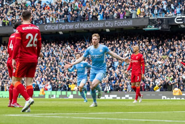 MANCHESTER, ENGLAND - Sunday, April 10, 2022: Manchester City's Kevin De Bruyne celebrates after scoring the first goal during the FA Premier League match between Manchester City FC and Liverpool FC at the City of Manchester Stadium. (Pic by David Rawcliffe/Propaganda)