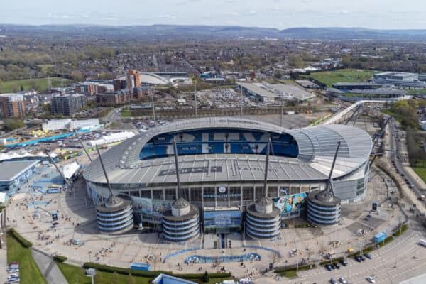 MANCHESTER, ENGLAND - Sunday, April 10, 2022: A general view of the City of Manchester Stadium (Etihad Stadium) seen before the FA Premier League match between Manchester City FC and Liverpool FC. (Pic by David Rawcliffe/Propaganda)