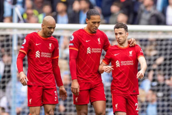 MANCHESTER, ENGLAND - Sunday, April 10, 2022: Liverpool's Diogo Jota (R) celebrates after scoring the first goal with team-mates Fabio Henrique Tavares 'Fabinho' (L) and Virgil van Dijk (C) during the FA Premier League match between Manchester City FC and Liverpool FC at the City of Manchester Stadium. (Pic by David Rawcliffe/Propaganda)