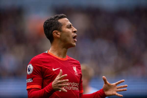 MANCHESTER, ENGLAND - Sunday, April 10, 2022: Liverpool's Thiago Alcantara during the FA Premier League match between Manchester City FC and Liverpool FC at the City of Manchester Stadium. (Pic by David Rawcliffe/Propaganda)