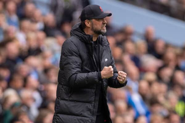 MANCHESTER, ENGLAND - Sunday, April 10, 2022: Liverpool's manager Jürgen Klopp reacts during the FA Premier League match between Manchester City FC and Liverpool FC at the City of Manchester Stadium. (Pic by David Rawcliffe/Propaganda)