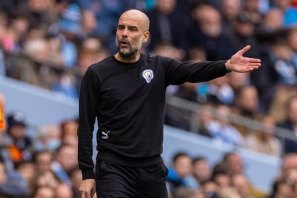 MANCHESTER, ENGLAND - Sunday, April 10, 2022: Manchester City's manager Josep 'Pep' Guardiola during the FA Premier League match between Manchester City FC and Liverpool FC at the City of Manchester Stadium. (Pic by David Rawcliffe/Propaganda)