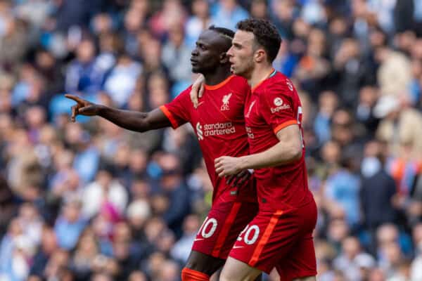 MANCHESTER, ENGLAND - Sunday, April 10, 2022: Liverpool's Sadio Mané (L) celebrates with team-mate Diogo Jota after scoring the second goal during the FA Premier League match between Manchester City FC and Liverpool FC at the City of Manchester Stadium. (Pic by David Rawcliffe/Propaganda)