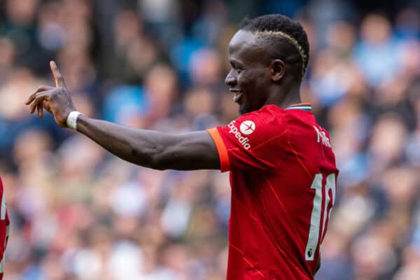 MANCHESTER, ENGLAND - Sunday, April 10, 2022: Liverpool's Sadio Mané celebrates after scoring the second goal during the FA Premier League match between Manchester City FC and Liverpool FC at the City of Manchester Stadium. (Pic by David Rawcliffe/Propaganda)