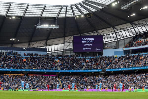 MANCHESTER, ENGLAND - Sunday, April 10, 2022: Manchester City's third goal is disallowed after a VAR review during the FA Premier League match between Manchester City FC and Liverpool FC at the City of Manchester Stadium. (Pic by David Rawcliffe/Propaganda)