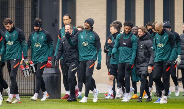 LIVERPOOL, ENGLAND - Tuesday, April 12, 2022: Liverpool's Joel Matip and his team-mates walk out for a training session at the AXA Training Centre ahead of the UEFA Champions League Quarter-Final 2nd Leg game between Liverpool FC and SL Benfica. (Pic by David Rawcliffe/Propaganda)