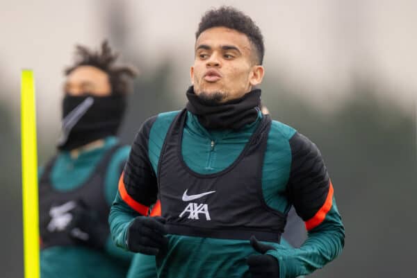 LIVERPOOL, ENGLAND - Tuesday, April 12, 2022: Liverpool's Luis Díaz during a training session at the AXA Training Centre ahead of the UEFA Champions League Quarter-Final 2nd Leg game between Liverpool FC and SL Benfica. (Pic by David Rawcliffe/Propaganda)