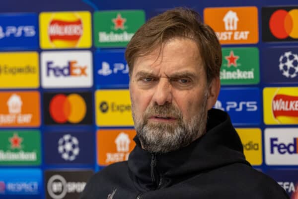 LIVERPOOL, ENGLAND - Tuesday, April 12, 2022: Liverpool's manager Jürgen Klopp during a press conference at Anfield ahead of the UEFA Champions League Quarter-Final 2nd Leg game between Liverpool FC and SL Benfica. (Pic by David Rawcliffe/Propaganda)