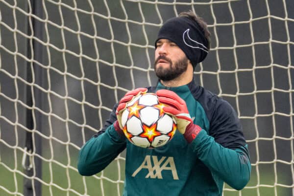 LIVERPOOL, ENGLAND - Tuesday, April 12, 2022: Liverpool's goalkeeper Alisson Becker during a training session at the AXA Training Centre ahead of the UEFA Champions League Quarter-Final 2nd Leg game between Liverpool FC and SL Benfica. (Pic by David Rawcliffe/Propaganda)