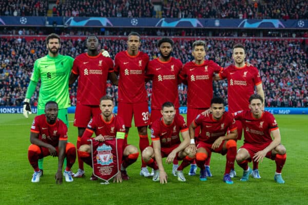 LIVERPOOL, ENGLAND - Wednesday, April 13, 2022: Liverpool players line-up for a team group photograph before the UEFA Champions League Quarter-Final 2nd Leg game between Liverpool FC and SL Benfica at Anfield. (Pic by David Rawcliffe/Propaganda)