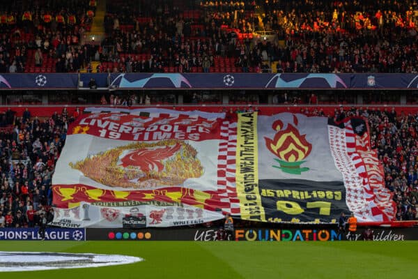 LIVERPOOL, ENGLAND - Wednesday, April 13, 2022: Liverpool supporters' banner before the UEFA Champions League Quarter-Final 2nd Leg game between Liverpool FC and SL Benfica at Anfield. (Pic by David Rawcliffe/Propaganda)