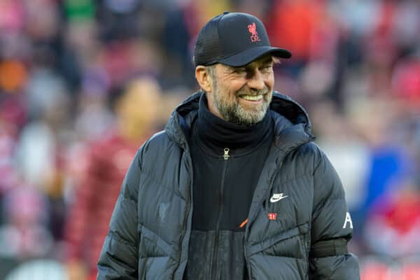 LIVERPOOL, ENGLAND - Wednesday, April 13, 2022: Liverpool's manager Jürgen Klopp during the pre-match warm-up before the UEFA Champions League Quarter-Final 2nd Leg game between Liverpool FC and SL Benfica at Anfield. (Pic by David Rawcliffe/Propaganda)