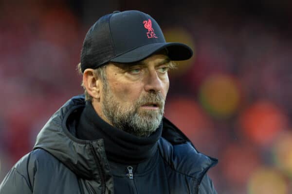 LIVERPOOL, ENGLAND - Wednesday, April 13, 2022: Liverpool's manager Jürgen Klopp during the pre-match warm-up before the UEFA Champions League Quarter-Final 2nd Leg game between Liverpool FC and SL Benfica at Anfield. (Pic by David Rawcliffe/Propaganda)