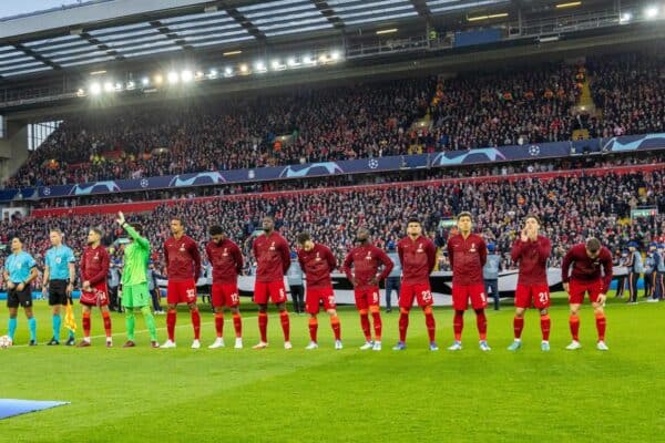 LIVERPOOL, ENGLAND - Wednesday, April 13, 2022: Liverpool and Benfica players line-up before the UEFA Champions League Quarter-Final 2nd Leg game between Liverpool FC and SL Benfica at Anfield. (Pic by David Rawcliffe/Propaganda)