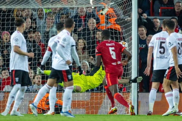 LIVERPOOL, ENGLAND - Wednesday, April 13, 2022: Liverpool's Ibrahima Konaté scores the first goal during the UEFA Champions League Quarter-Final 2nd Leg game between Liverpool FC and SL Benfica at Anfield. (Pic by David Rawcliffe/Propaganda)