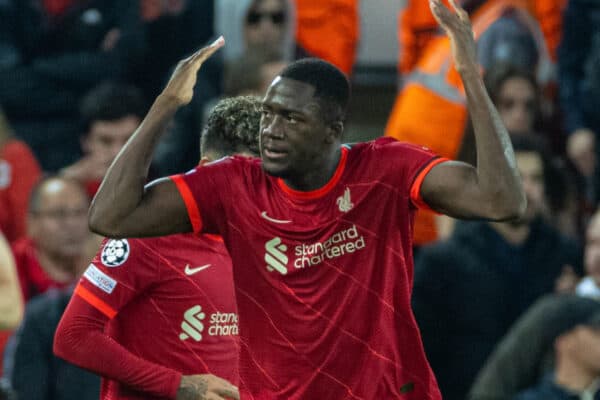 LIVERPOOL, ENGLAND - Wednesday, April 13, 2022: Liverpool's Ibrahima Konaté scores the first goal during the UEFA Champions League Quarter-Final 2nd Leg game between Liverpool FC and SL Benfica at Anfield. (Pic by David Rawcliffe/Propaganda)