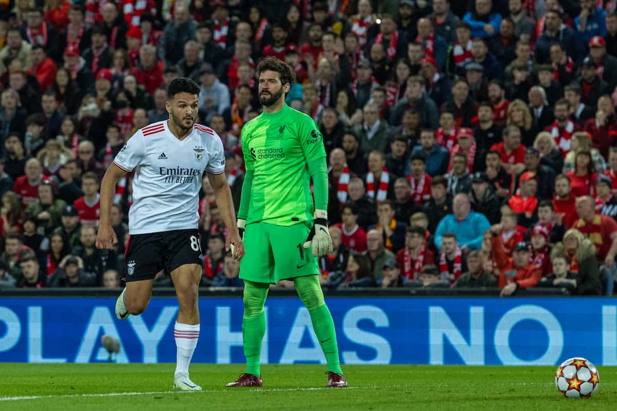 LIVERPOOL, ENGLAND - Wednesday, April 13, 2022: Benfica's Gonc?alo Ramos celebrates after scoring his side's first equalising goal during the UEFA Champions League Quarter-Final 2nd Leg game between Liverpool FC and SL Benfica at Anfield. (Pic by David Rawcliffe/Propaganda)