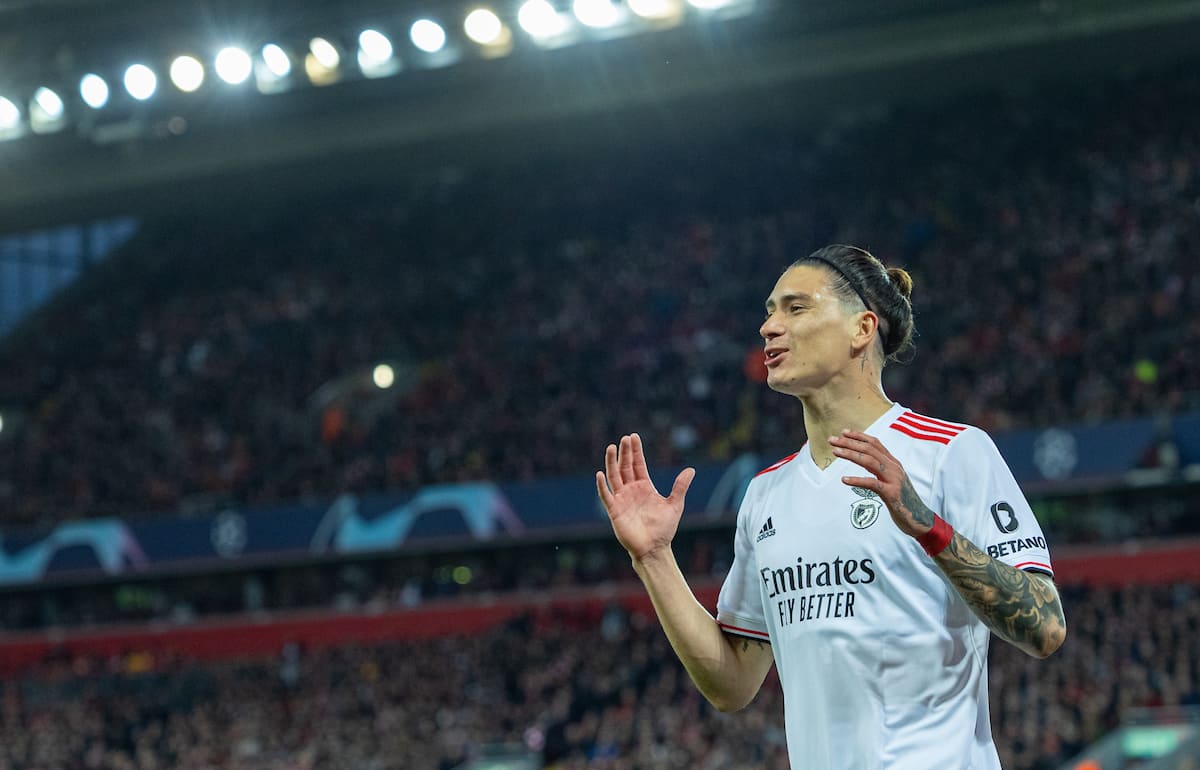 LIVERPOOL, ENGLAND - Wednesday, April 13, 2022: Benfica's Darwin Nun?ez reacts as his goal is disallowed for off-side during the UEFA Champions League Quarter-Final 2nd Leg game between Liverpool FC and SL Benfica at Anfield. (Pic by David Rawcliffe/Propaganda)