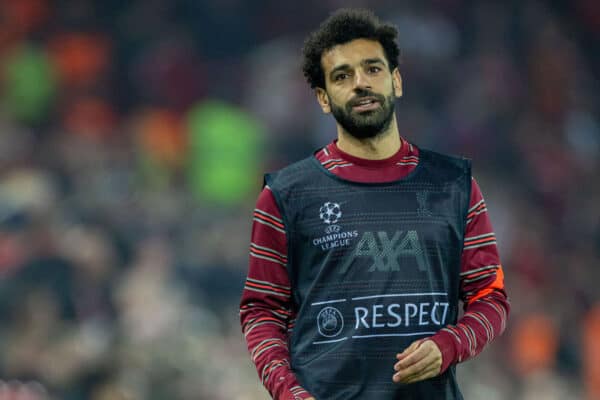 LIVERPOOL, ENGLAND - Wednesday, April 13, 2022: Liverpool's substitute Mohamed Salah warms-up during the UEFA Champions League Quarter-Final 2nd Leg game between Liverpool FC and SL Benfica at Anfield. (Pic by David Rawcliffe/Propaganda)