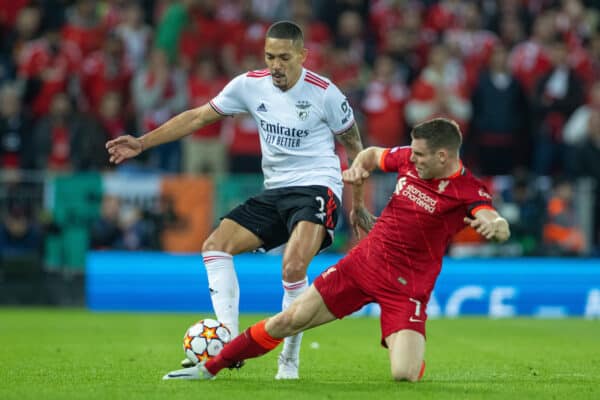 LIVERPOOL, ENGLAND - Wednesday, April 13, 2022: Benfica's Gi lberto Moraes Júnior (L) is tackled byLiverpool's James Milner during the UEFA Champions League Quarter-Final 2nd Leg game between Liverpool FC and SL Benfica at Anfield. (Pic by David Rawcliffe/Propaganda)