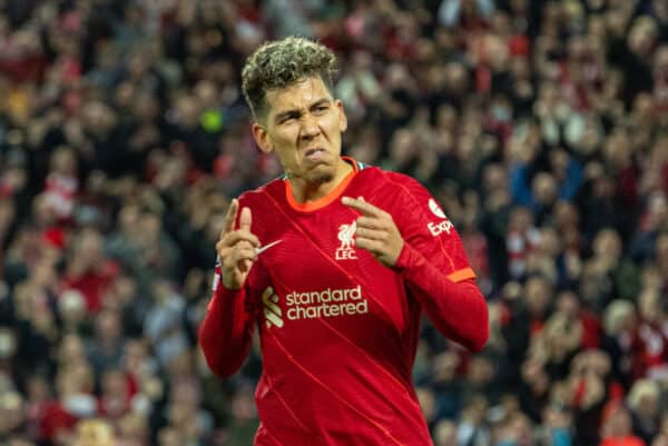 LIVERPOOL, ENGLAND - Wednesday, April 13, 2022: Liverpool's Roberto Firmino celebrates after scoring the second goal during the UEFA Champions League Quarter-Final 2nd Leg game between Liverpool FC and SL Benfica at Anfield. (Pic by David Rawcliffe/Propaganda)