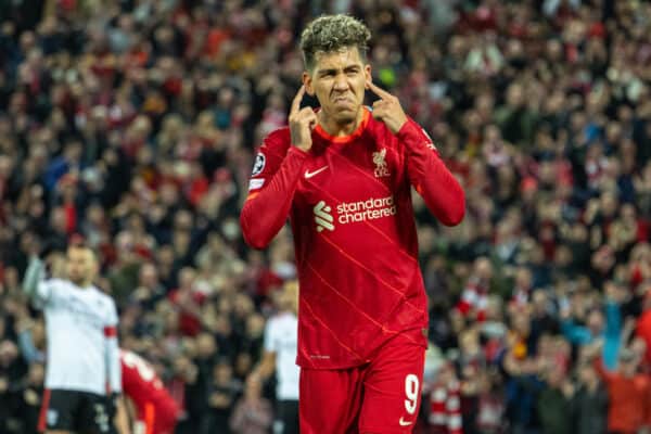 LIVERPOOL, ENGLAND - Wednesday, April 13, 2022: Liverpool's Roberto Firmino celebrates after scoring the second goal during the UEFA Champions League Quarter-Final 2nd Leg game between Liverpool FC and SL Benfica at Anfield. (Pic by David Rawcliffe/Propaganda)