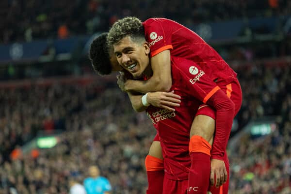 LIVERPOOL, ENGLAND - Wednesday, April 13, 2022: Liverpool's Roberto Firmino celebrates after scoring the second goal during the UEFA Champions League Quarter-Final 2nd Leg game between Liverpool FC and SL Benfica at Anfield. (Pic by David Rawcliffe/Propaganda)