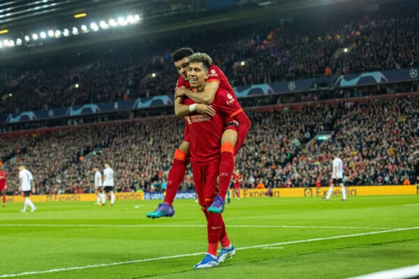 LIVERPOOL, ENGLAND - Wednesday, April 13, 2022: Liverpool's Roberto Firmino celebrates with team-mate Luis Diaz after scoring the second goal during the UEFA Champions League Quarter-Final 2nd Leg game between Liverpool FC and SL Benfica at Anfield. (Pic by David Rawcliffe/Propaganda)