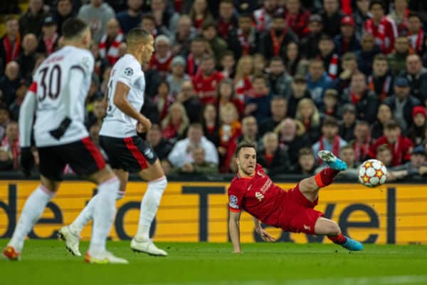 LIVERPOOL, ENGLAND - Wednesday, April 13, 2022: Liverpool's Diogo Jota sets up the second goal during the UEFA Champions League Quarter-Final 2nd Leg game between Liverpool FC and SL Benfica at Anfield. (Pic by David Rawcliffe/Propaganda)