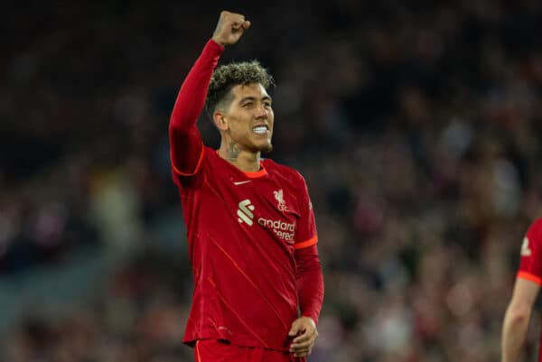 LIVERPOOL, ENGLAND - Wednesday, April 13, 2022: Liverpool's Roberto Firmino celebrates after scoring the second goal during the UEFA Champions League Quarter-Final 2nd Leg game between Liverpool FC and SL Benfica at Anfield. (Pic by David Rawcliffe/Propaganda)