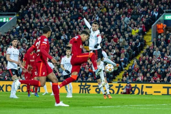 LIVERPOOL, ENGLAND - Wednesday, April 13, 2022: Liverpool's Roberto Firmino scores the third goal during the UEFA Champions League Quarter-Final 2nd Leg game between Liverpool FC and SL Benfica at Anfield. (Pic by David Rawcliffe/Propaganda)