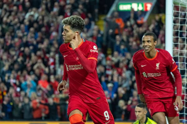 LIVERPOOL, ENGLAND - Wednesday, April 13, 2022: Liverpool's Roberto Firmino (L) celebrates after scoring the third goal during the UEFA Champions League Quarter-Final 2nd Leg game between Liverpool FC and SL Benfica at Anfield. (Pic by David Rawcliffe/Propaganda)