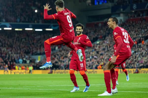 LIVERPOOL, ENGLAND - Wednesday, April 13, 2022: Liverpool's Roberto Firmino celebrates after scoring the third goal during the UEFA Champions League Quarter-Final 2nd Leg game between Liverpool FC and SL Benfica at Anfield. (Pic by David Rawcliffe/Propaganda)