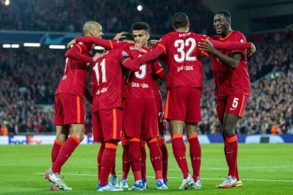 LIVERPOOL, ENGLAND - Wednesday, April 13, 2022: Liverpool's Roberto Firmino celebrates after scoring the third goal during the UEFA Champions League Quarter-Final 2nd Leg game between Liverpool FC and SL Benfica at Anfield. (Pic by David Rawcliffe/Propaganda)