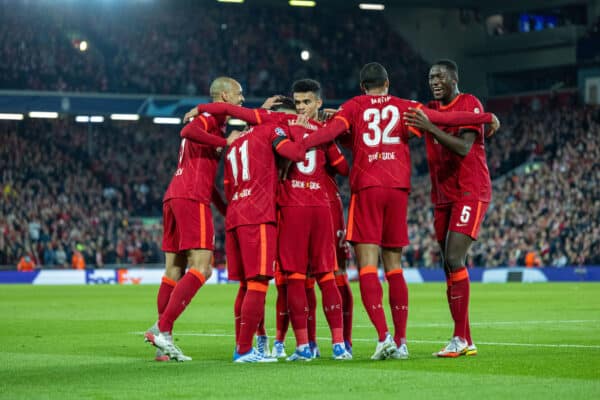 LIVERPOOL, ENGLAND - Wednesday, April 13, 2022: Liverpool's Roberto Firmino celebrates after scoring the third goal during the UEFA Champions League Quarter-Final 2nd Leg game between Liverpool FC and SL Benfica at Anfield. (Pic by David Rawcliffe/Propaganda)