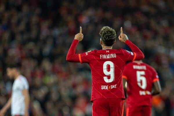 LIVERPOOL, ENGLAND - Wednesday, April 13, 2022: Liverpool's Roberto Firmino celebrates after scoring the third goal during the UEFA Champions League Quarter-Final 2nd Leg game between Liverpool FC and SL Benfica at Anfield. (Pic by David Rawcliffe/Propaganda)