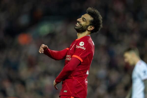 LIVERPOOL, ENGLAND - Wednesday, April 13, 2022: Liverpool's Mohamed Salah reacts as his goal is disallowed for off-side during the UEFA Champions League Quarter-Final 2nd Leg game between Liverpool FC and SL Benfica at Anfield. (Pic by David Rawcliffe/Propaganda)