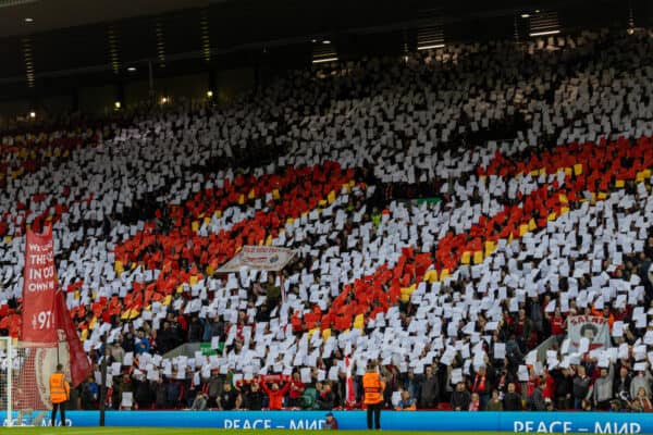 LIVERPOOL, ENGLAND - Wednesday, April 13, 2022: Liverpool supporters' form a mosaic to remember the 97 victims of the Hillsborough Stadium Disaster before the UEFA Champions League Quarter-Final 2nd Leg game between Liverpool FC and SL Benfica at Anfield. (Pic by David Rawcliffe/Propaganda)