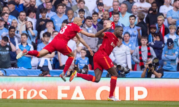 LONDON, ENGLAND - Saturday, April 16, 2022: Liverpool's Ibrahima Konaté (R) celebrates after scoring the first goal during the FA Cup Semi-Final game between Manchester City FC and Liverpool FC at Wembley Stadium. (Pic by David Rawcliffe/Propaganda)