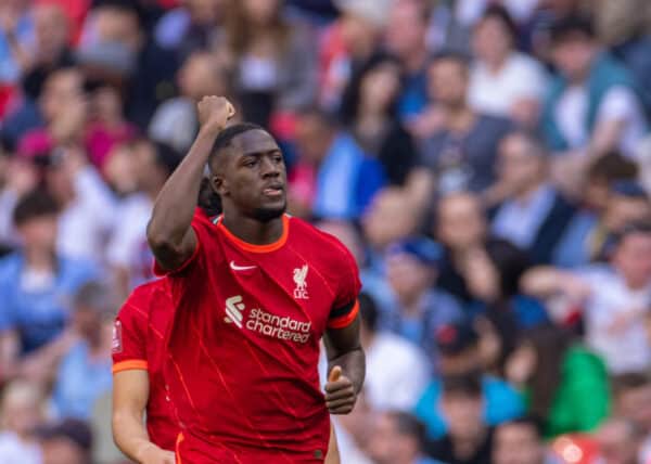 LONDON, ENGLAND - Saturday, April 16, 2022: Liverpool's Ibrahima Konaté celebrates after scoring the first goal during the FA Cup Semi-Final game between Manchester City FC and Liverpool FC at Wembley Stadium. (Pic by David Rawcliffe/Propaganda)