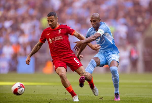 LONDON, ENGLAND - Saturday, April 16, 2022: Liverpool's Thiago Alcantara (L) and Manchester City's captain Fernando Luiz Roza 'Fernandinho' during the FA Cup Semi-Final game between Manchester City FC and Liverpool FC at Wembley Stadium. (Pic by David Rawcliffe/Propaganda)