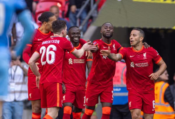 LONDON, ENGLAND - Saturday, April 16, 2022: Liverpool's Sadio Mané celebrates after scoring the third goal during the FA Cup Semi-Final game between Manchester City FC and Liverpool FC at Wembley Stadium. (Pic by David Rawcliffe/Propaganda)