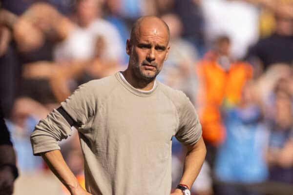 LONDON, ENGLAND - Saturday, April 16, 2022: Manchester City's manager Josep 'Pep' Guardiola during the FA Cup Semi-Final game between Manchester City FC and Liverpool FC at Wembley Stadium. (Pic by David Rawcliffe/Propaganda)