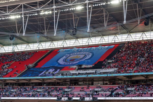 LONDON, ENGLAND - Saturday, April 16, 2022: Empty seats covered by a huge Manchester City banner pictured before the FA Cup Semi-Final game between Manchester City FC and Liverpool FC at Wembley Stadium. (Pic by David Rawcliffe/Propaganda)