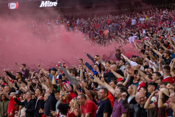 LONDON, ENGLAND - Saturday, April 16, 2022: Liverpool supporters celebrate the opening goal during the FA Cup Semi-Final game between Manchester City FC and Liverpool FC at Wembley Stadium. (Pic by David Rawcliffe/Propaganda)