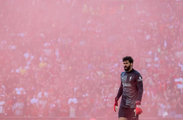 LONDON, ENGLAND - Saturday, April 16, 2022: Liverpool's goalkeeper Alisson Becker stands in a cloud of red smoke as his side celebrate the opening goal during the FA Cup Semi-Final game between Manchester City FC and Liverpool FC at Wembley Stadium. (Pic by David Rawcliffe/Propaganda)