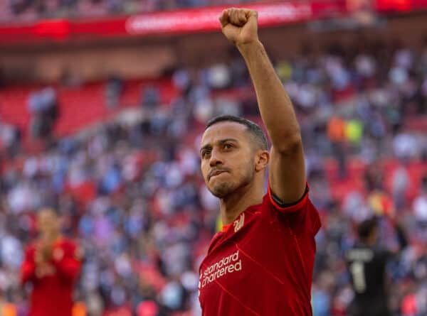 LONDON, ENGLAND - Saturday April 16, 2022: Thiago Alcantara of Liverpool celebrates with supporters after the FA Cup Semi-Final match between Manchester City FC and Liverpool FC at Wembley Stadium.  Liverpool won 3-2.  (Photo by David Rawcliffe/Propaganda)
