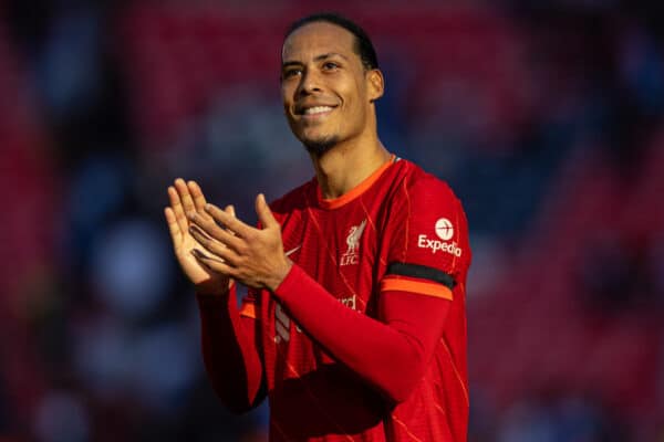 LONDON, ENGLAND - Saturday, April 16, 2022: Liverpool's Virgil van Dijk applauds the supporters after the FA Cup Semi-Final game between Manchester City FC and Liverpool FC at Wembley Stadium. Liverpool won 3-2. (Pic by David Rawcliffe/Propaganda)