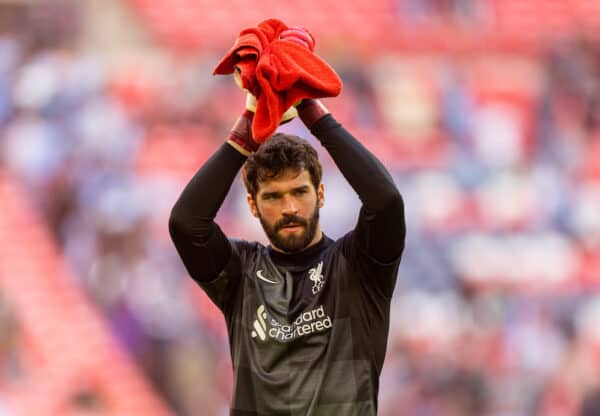 LONDON, ENGLAND - Saturday, April 16, 2022: Liverpool's goalkeeper Alisson Becker applauds the supporters after the FA Cup Semi-Final game between Manchester City FC and Liverpool FC at Wembley Stadium. Liverpool won 3-2. (Pic by David Rawcliffe/Propaganda)